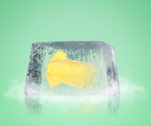 Image of Conservation of genetic material. Baby onesie in ice cube as cryopreservation on light green background