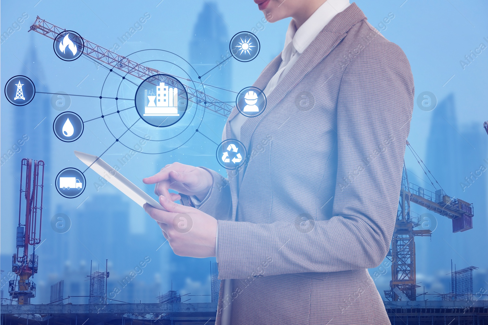 Image of Multiple exposure of female engineer, scheme and construction crane, closeup 