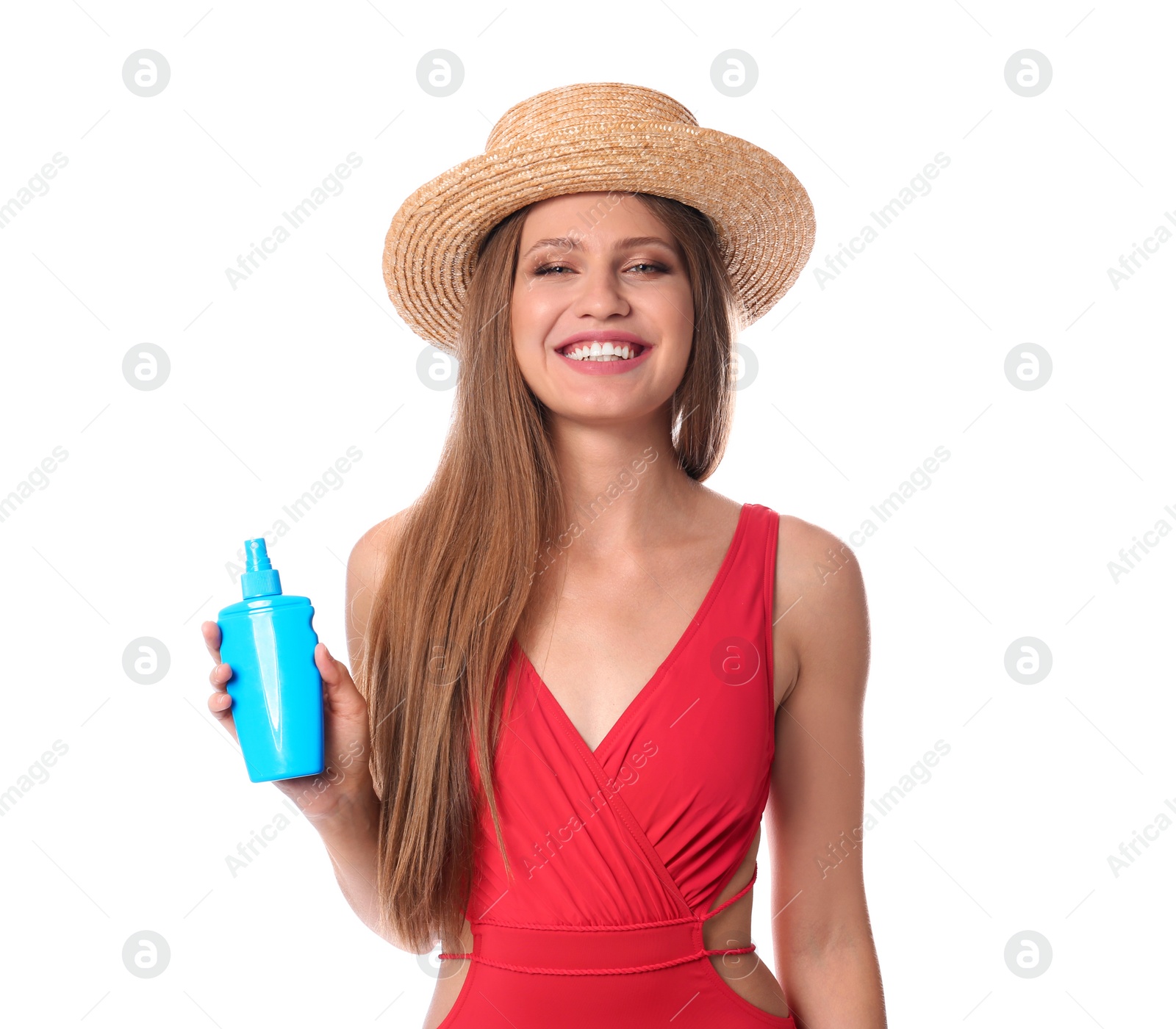 Photo of Woman with bottle of sun protection body cream on white background