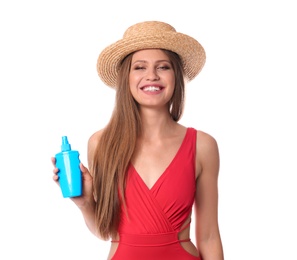 Photo of Woman with bottle of sun protection body cream on white background