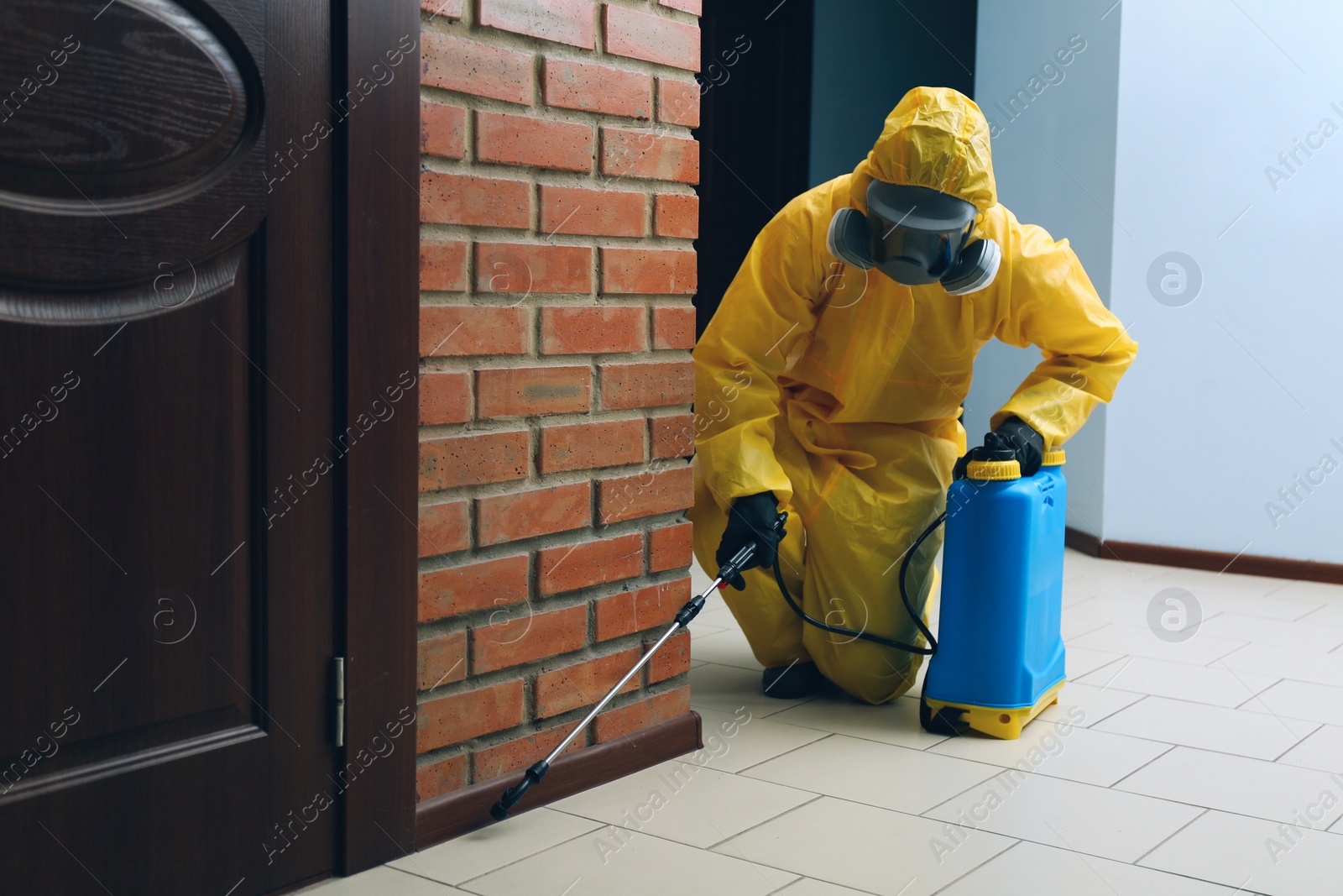 Photo of Pest control worker in protective suit spraying pesticide indoors. Space for text