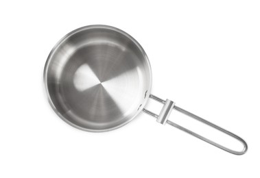 Photo of New shiny saucepan isolated on white, top view