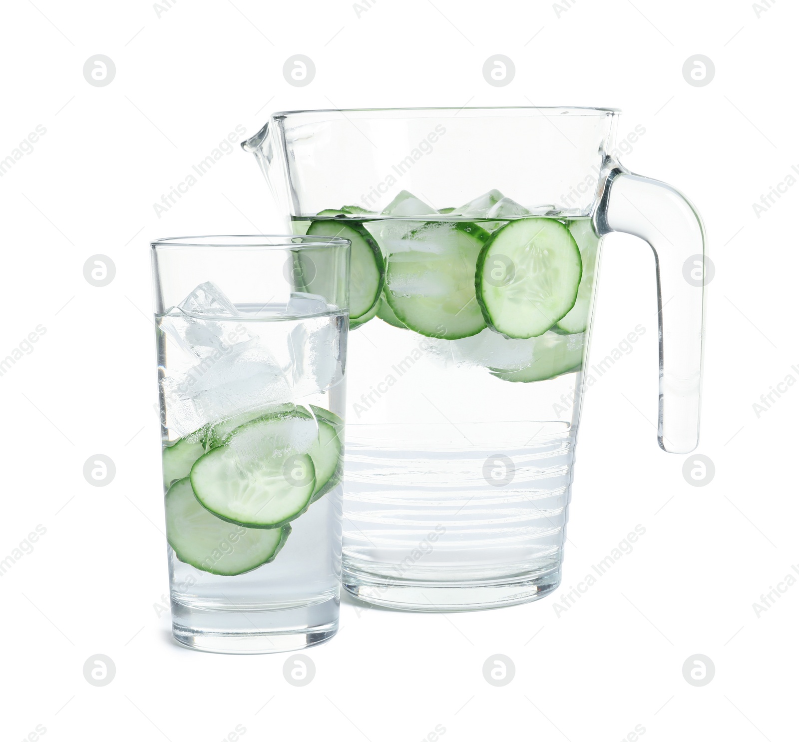 Photo of Jug and glass of fresh cucumber water on white background