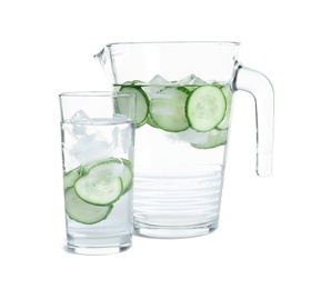 Jug and glass of fresh cucumber water on white background