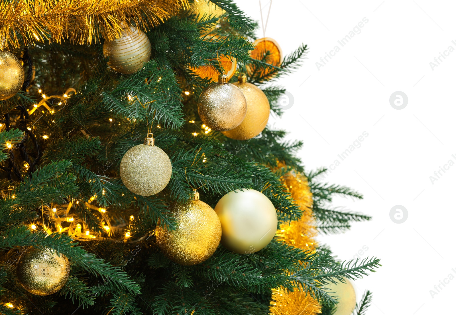 Photo of Beautiful Christmas tree decorated with ornaments isolated on white