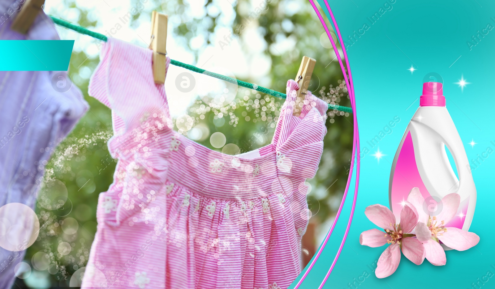 Image of Fabric softener advertising design. Bottle of conditioner and cherry blossom flowers. Laundry drying on rope outdoors
