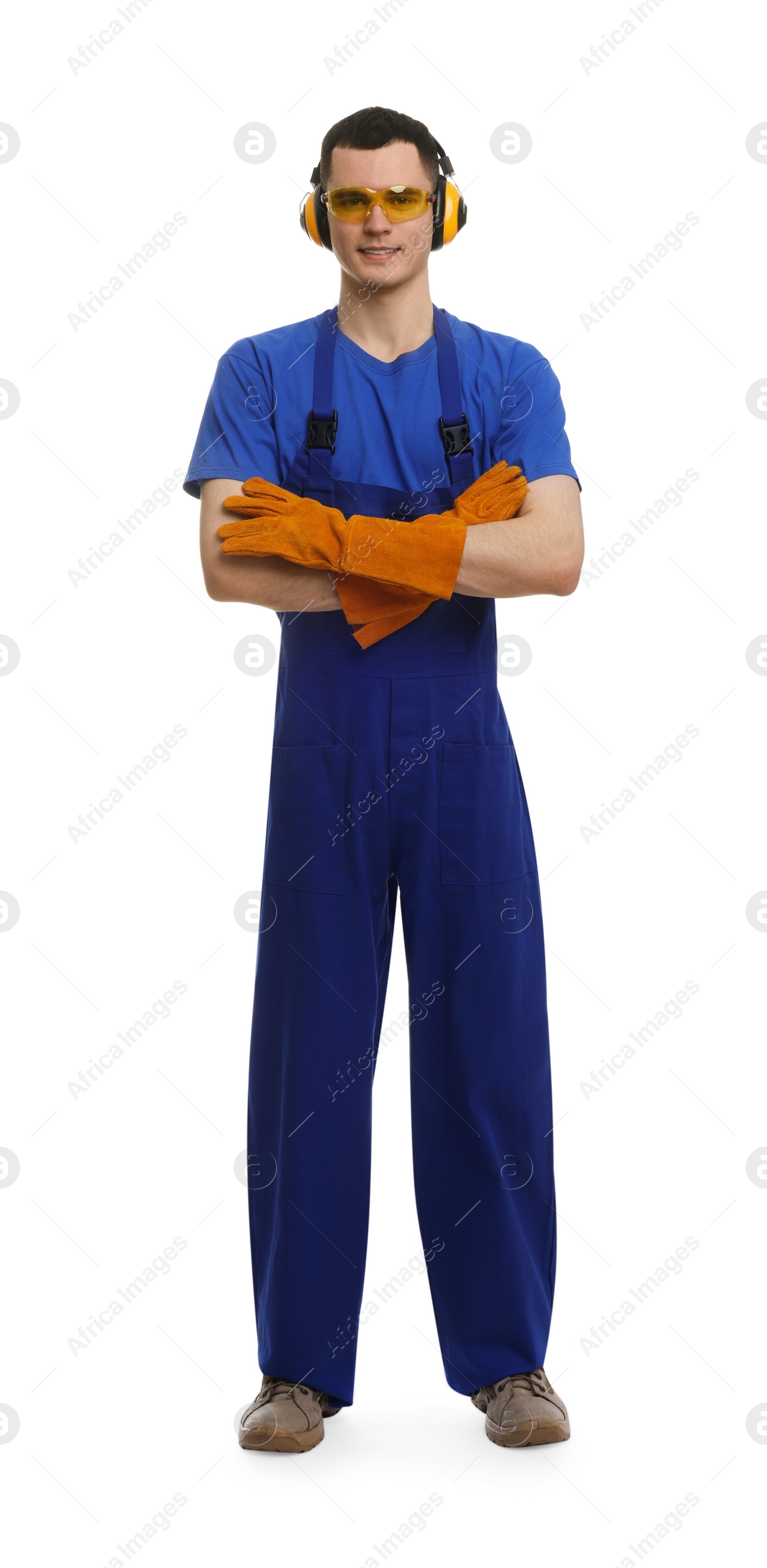 Photo of Young man wearing safety equipment on white background