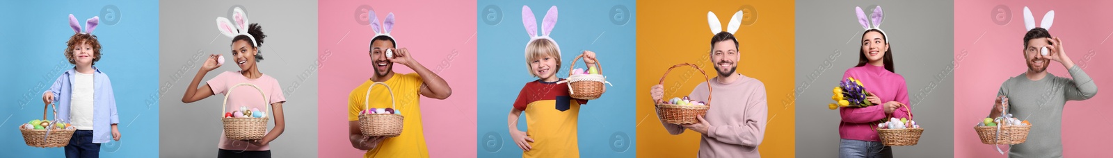 Image of Photos of people with Easter eggs and bunny ears headbands on different color backgrounds. Collage design