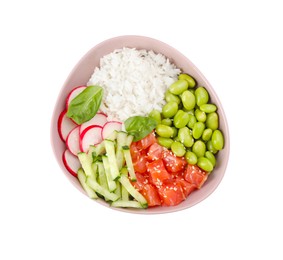 Poke bowl with salmon, edamame beans and vegetables isolated on white, top view