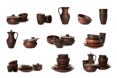 Image of Set with clay dishes on white background