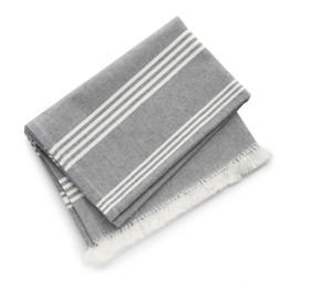 Photo of Striped kitchen towel isolated on white, top view