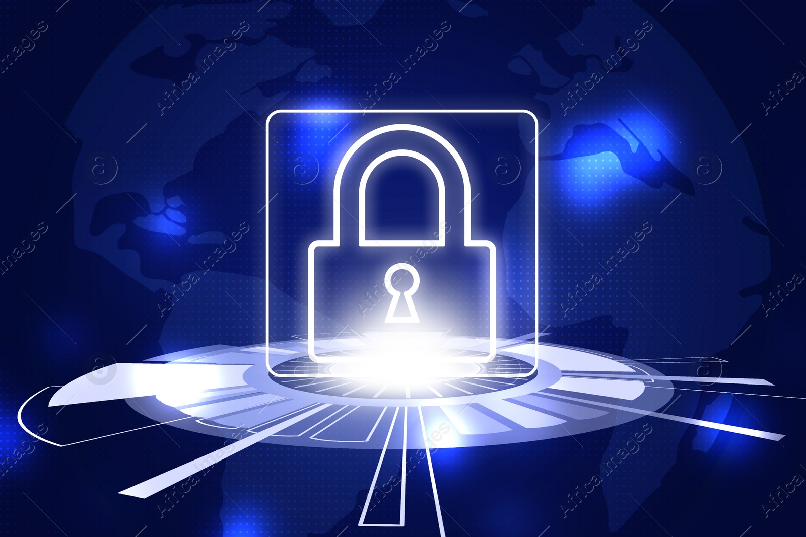 Illustration of Cyber attack prevention.  lock and world globe on background