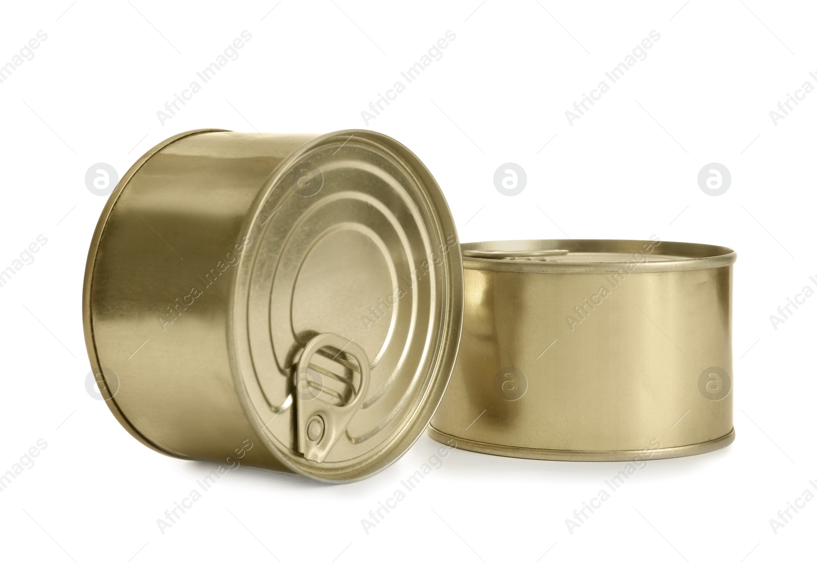 Photo of Closed tin cans isolated on white, mockup for design