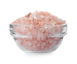 Photo of Pink Himalayan salt in glass bowl isolated on white