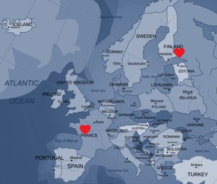 Red hearts on map of Europe symbolizing connection and love in long-distance relationship