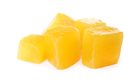 Photo of Fresh juicy mango cubes on white background