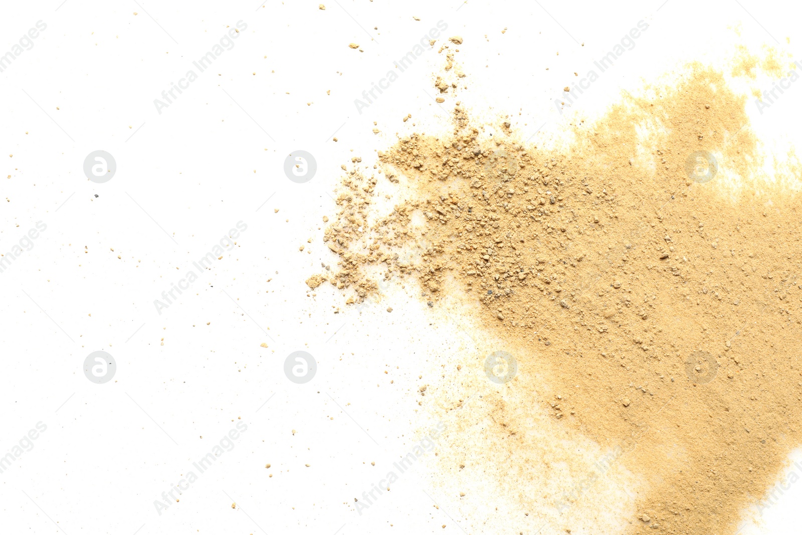 Photo of Pile of brown dust scattered on white background, top view