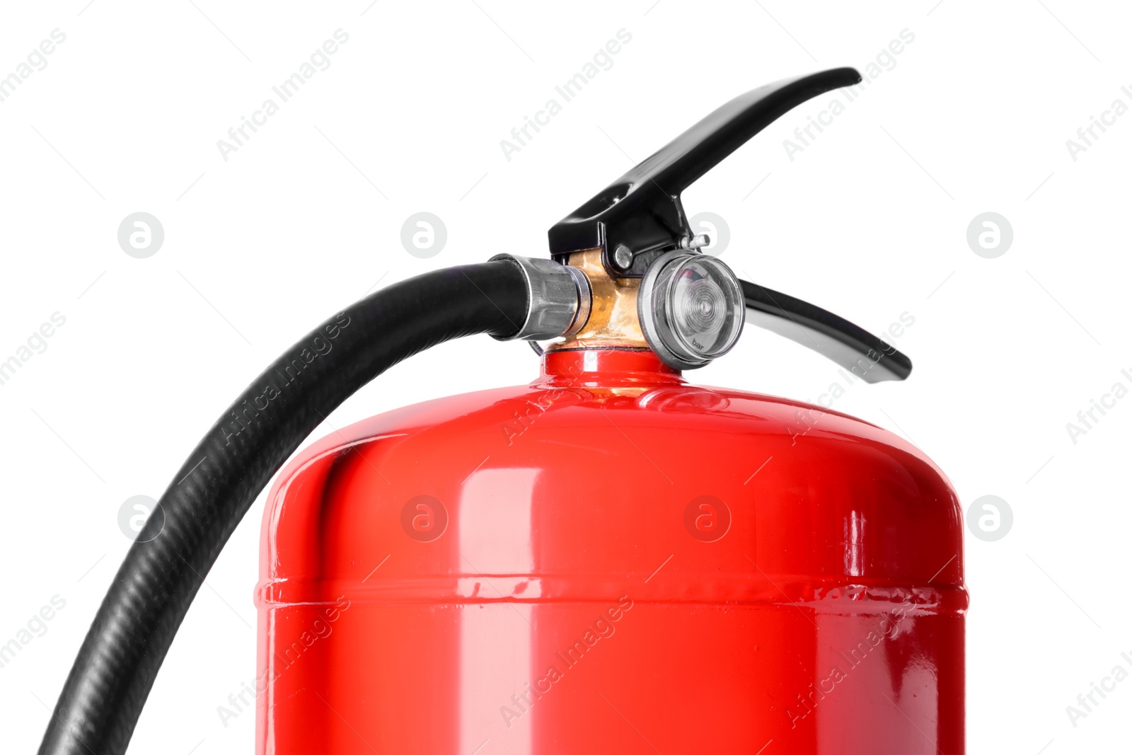 Photo of One red fire extinguisher on white background