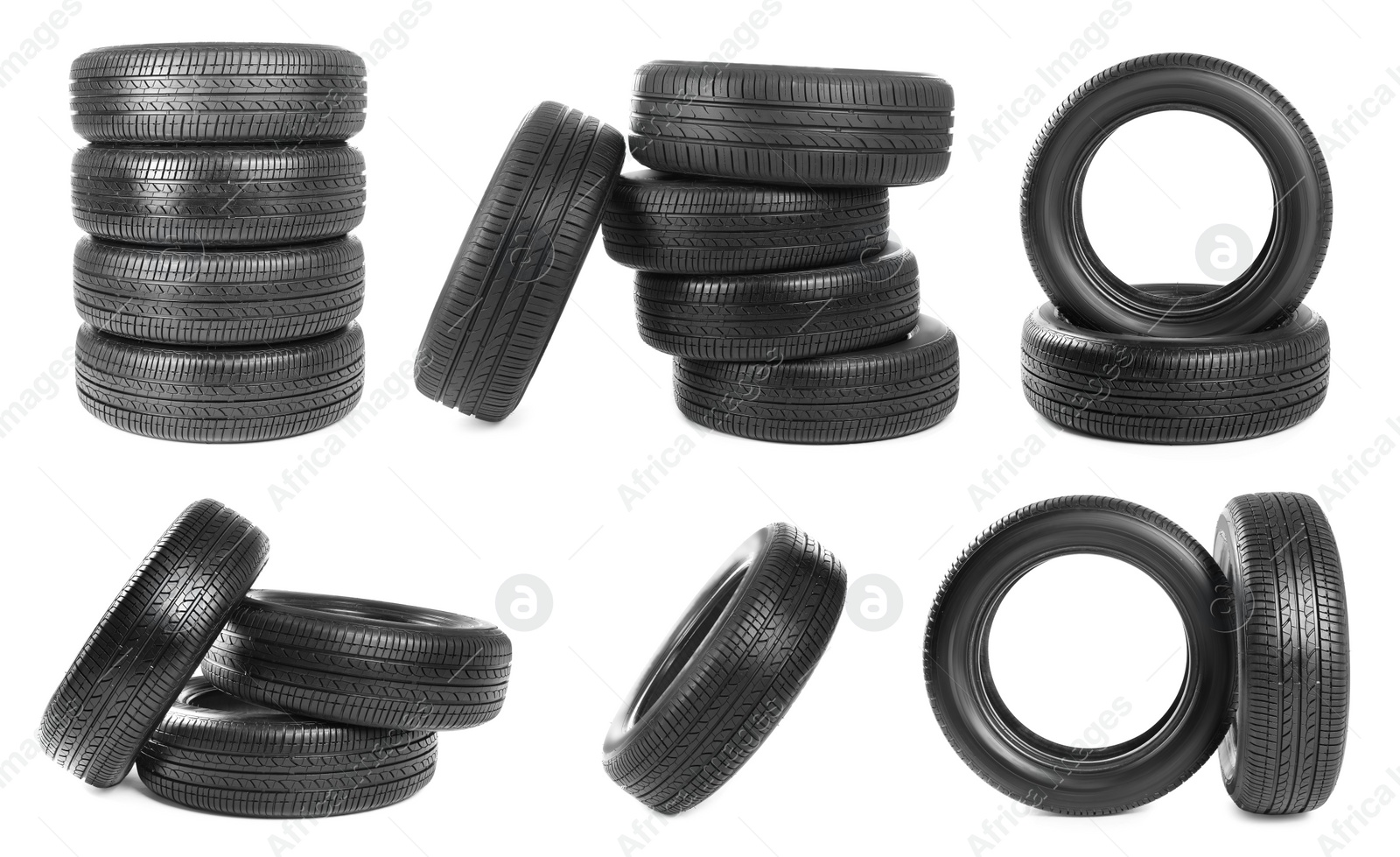 Image of Set with car tires on white background