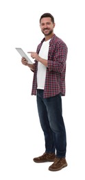 Photo of Happy man using tablet on white background