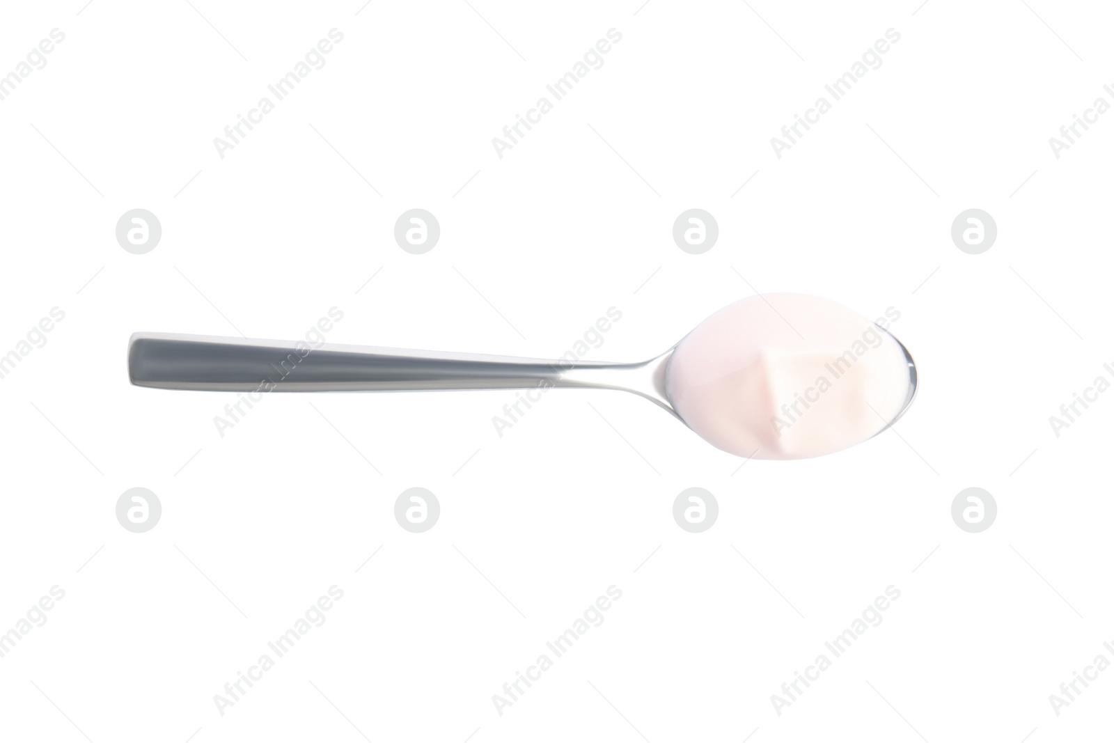 Photo of Spoon with tasty organic yogurt isolated on white, top view