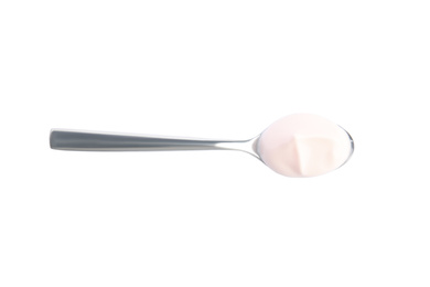 Spoon with tasty organic yogurt isolated on white, top view