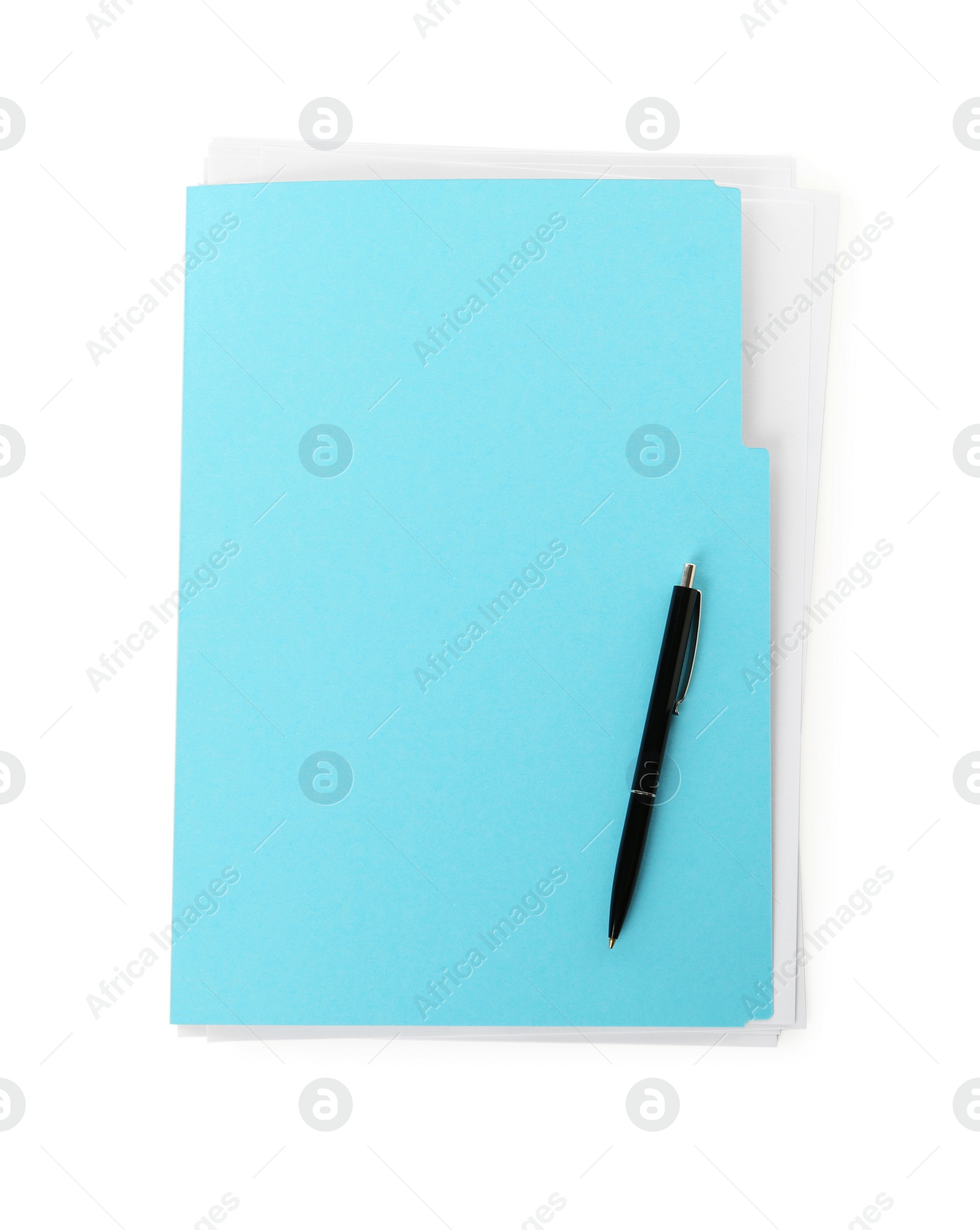 Photo of Turquoise file with documents and black pen isolated on white, top view