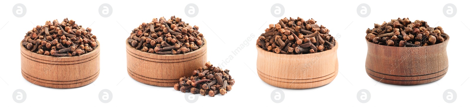 Image of Set with aromatic dried cloves on white background. Banner design