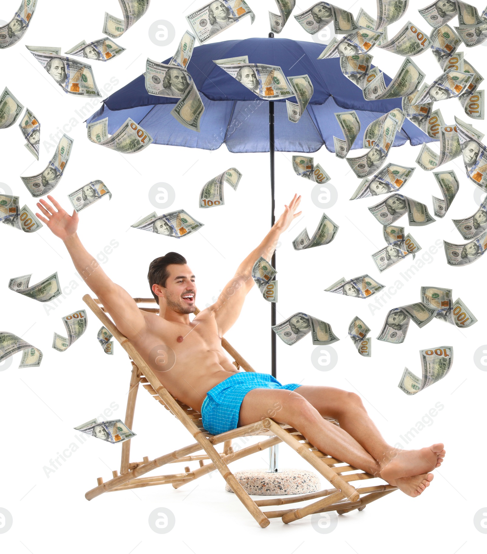 Image of Man sitting in deck chair under money rain on white background 