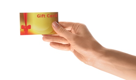 Photo of Woman holding gift card on white background, closeup
