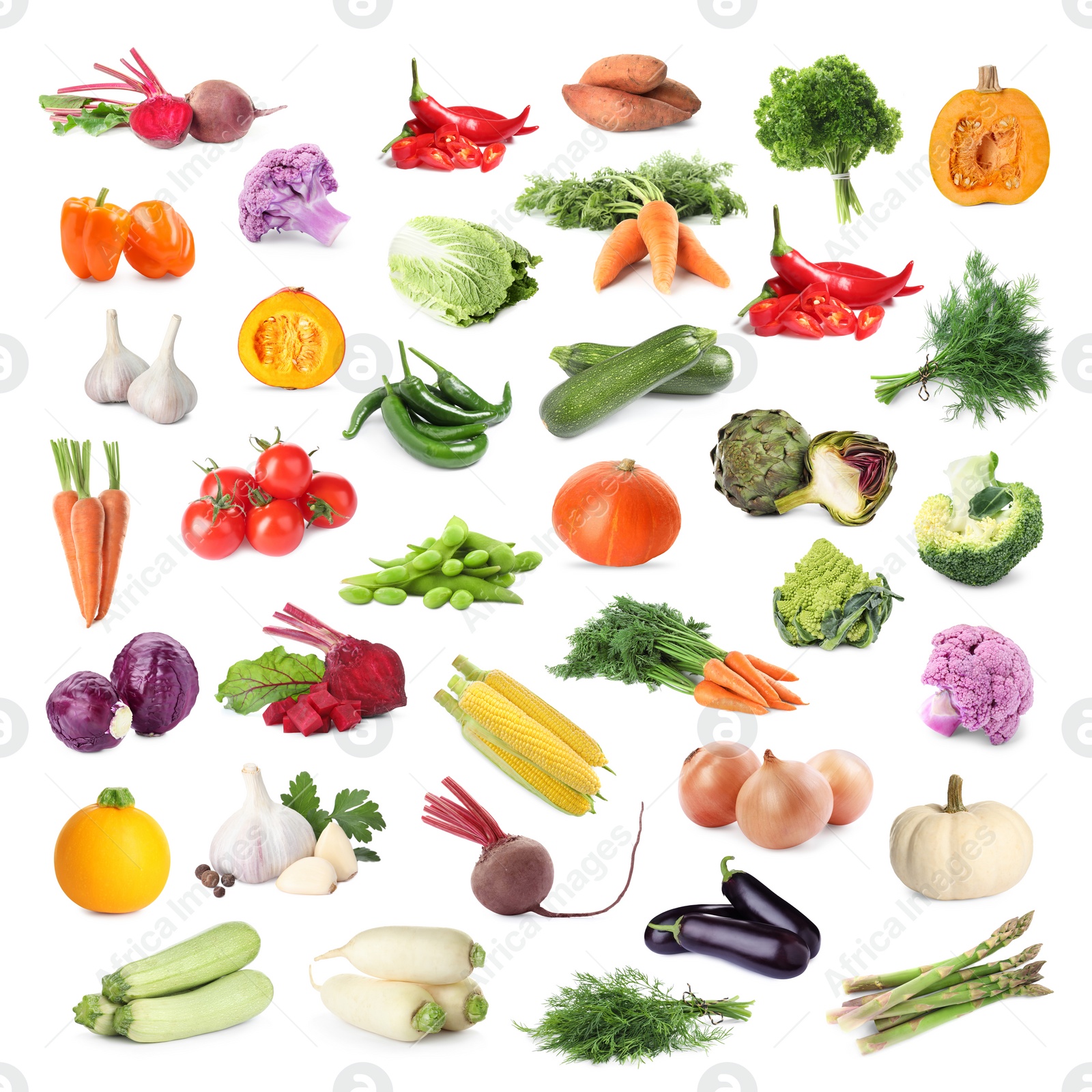 Image of Collage with many fresh vegetables on white background