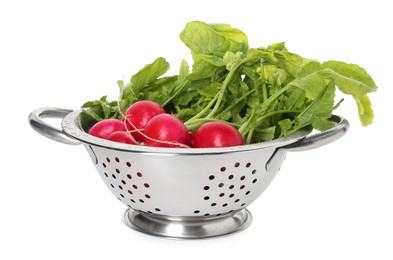 Photo of Metal colander with fresh radishes isolated on white