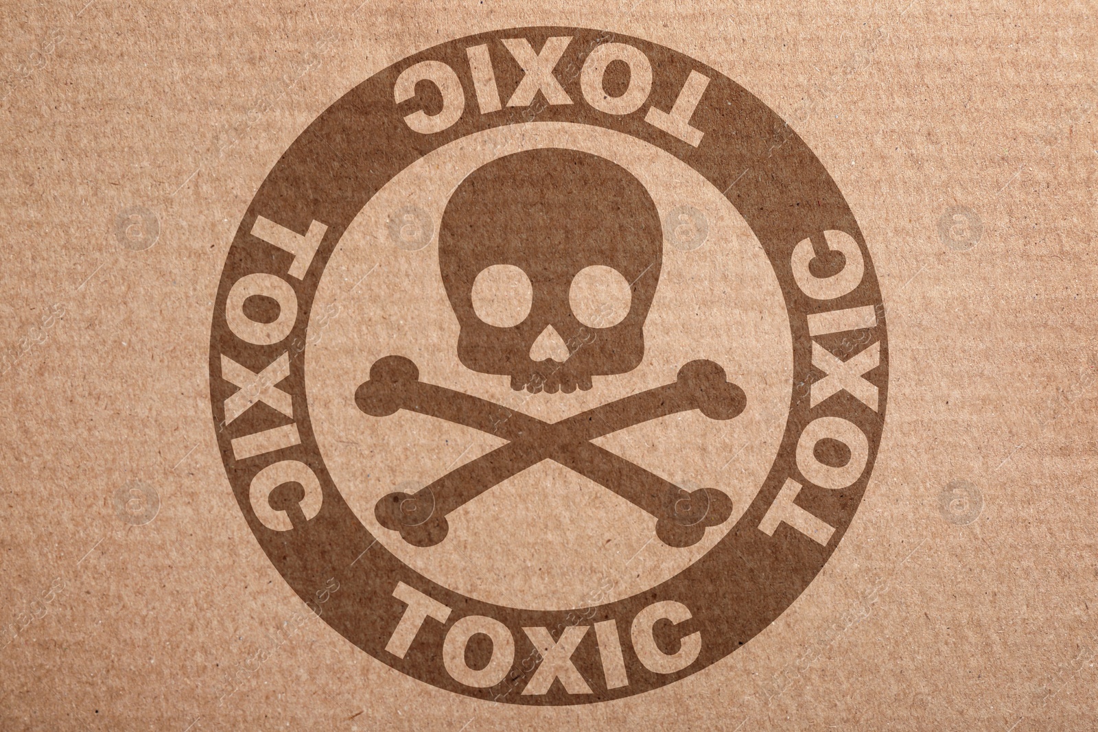 Image of Hazard warning sign (skull-and-crossbones symbol and word TOXIC) on cardboard, top view