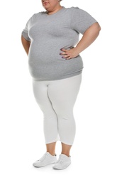 Overweight woman posing on white background, closeup