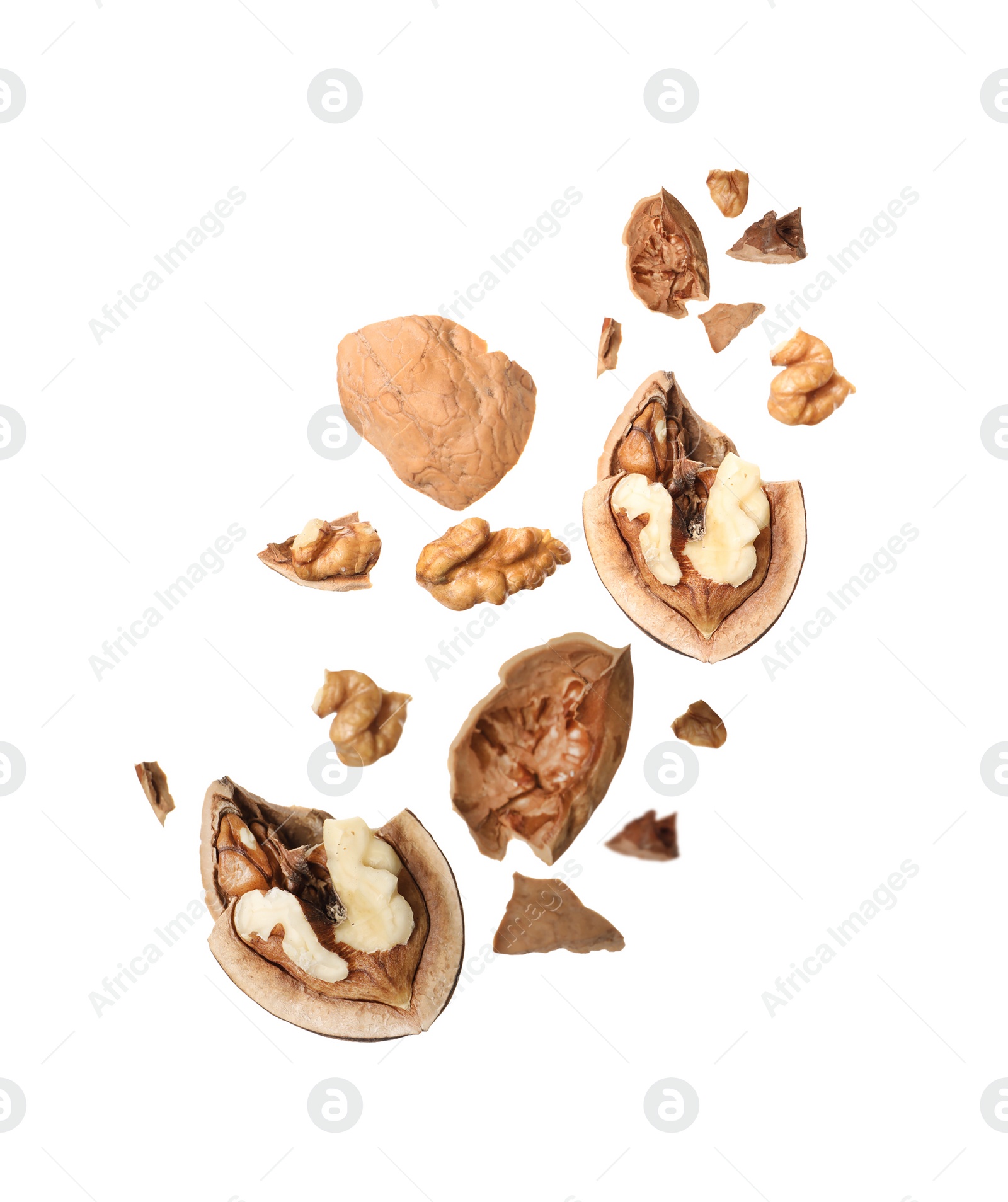 Image of Broken walnut and pieces of shell flying on white background