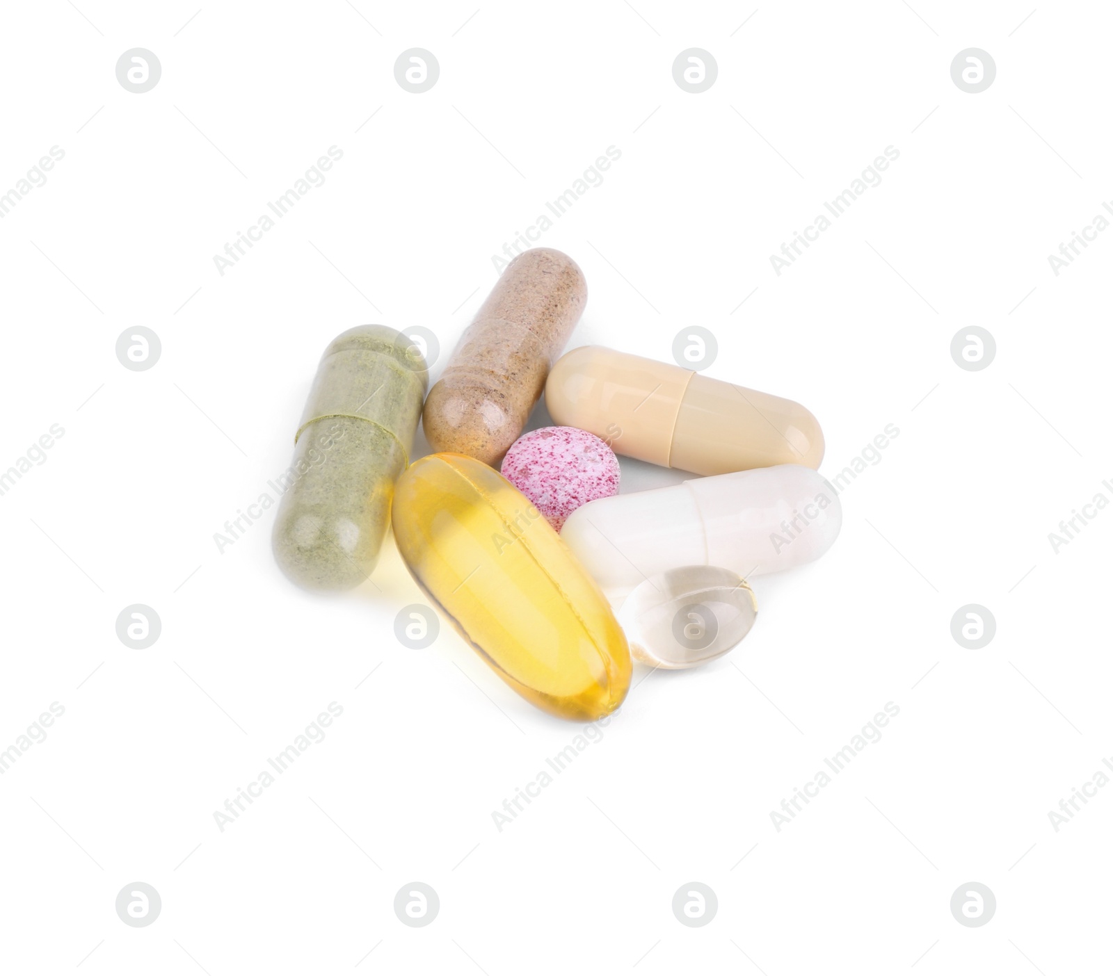 Photo of Many different vitamin pills isolated on white