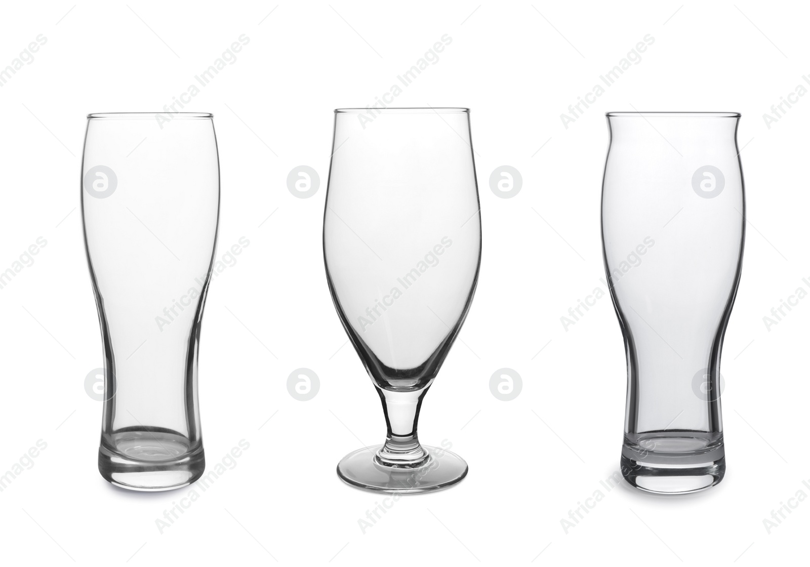 Image of Collage with different empty glasses on white background