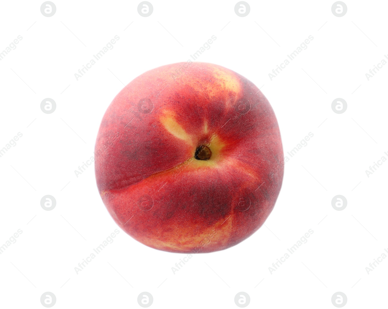 Photo of Fresh juicy peach on white background, top view