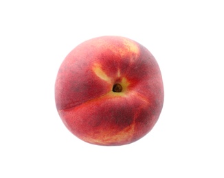 Photo of Fresh juicy peach on white background, top view