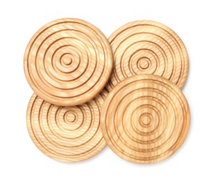 Stylish wooden cup coasters on white background, top view