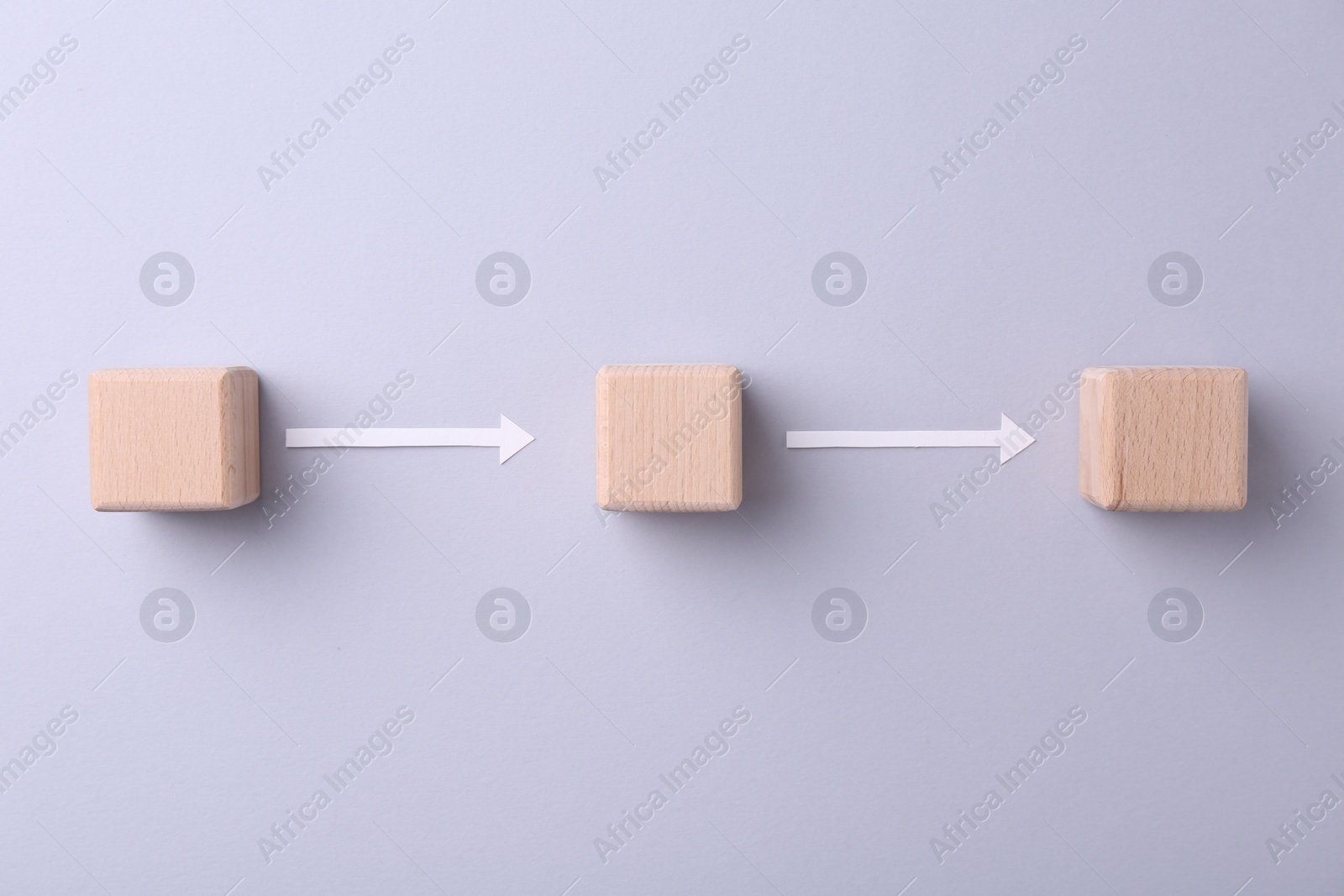 Photo of Business process organization and optimization. Scheme with wooden cubes and arrows on light grey background, top view