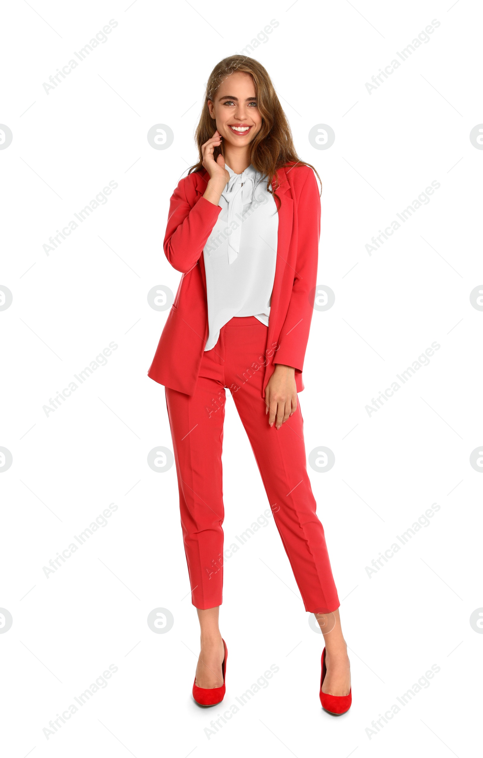 Photo of Full length portrait of young woman on white background