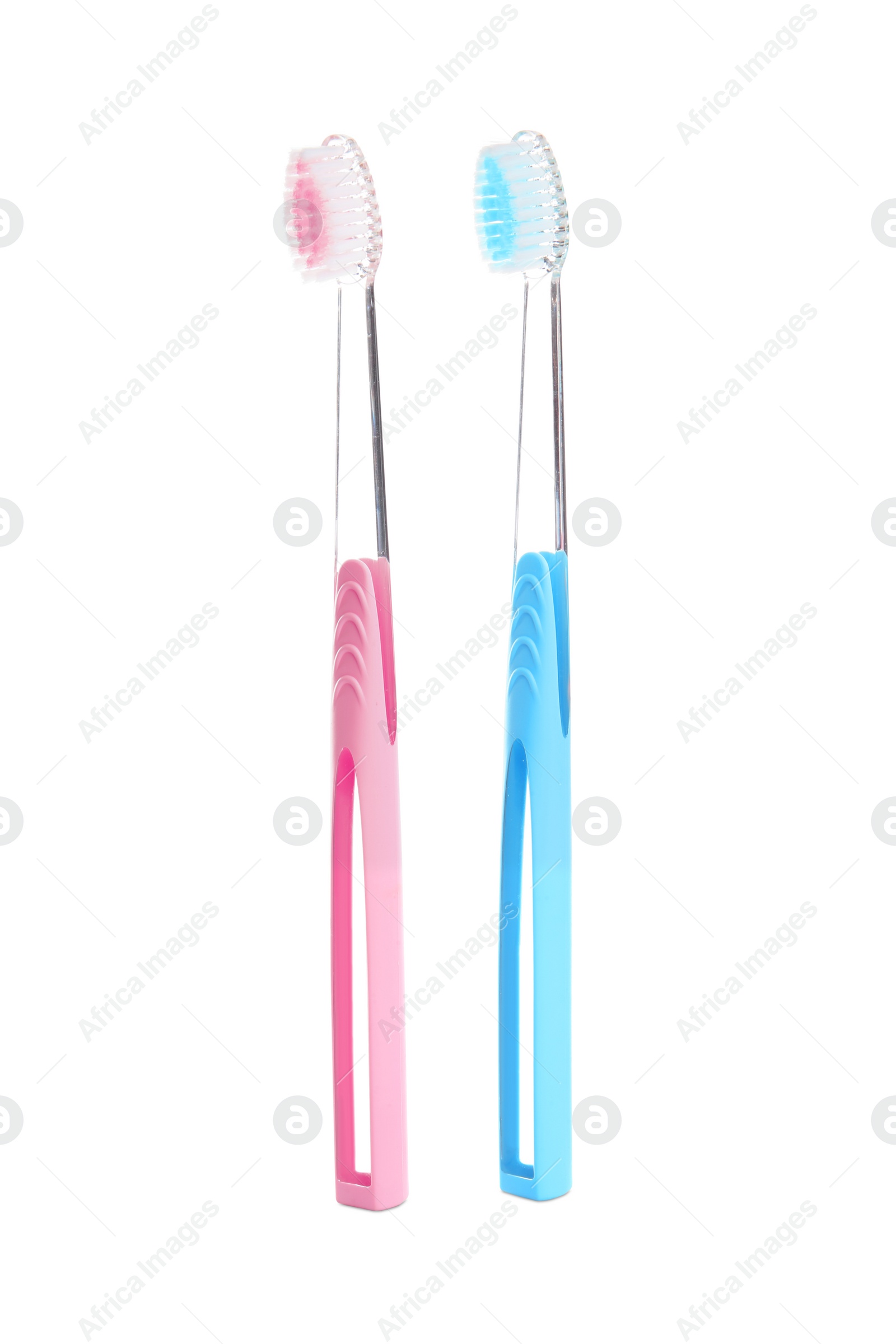 Photo of Manual toothbrushes on white background. Dental care