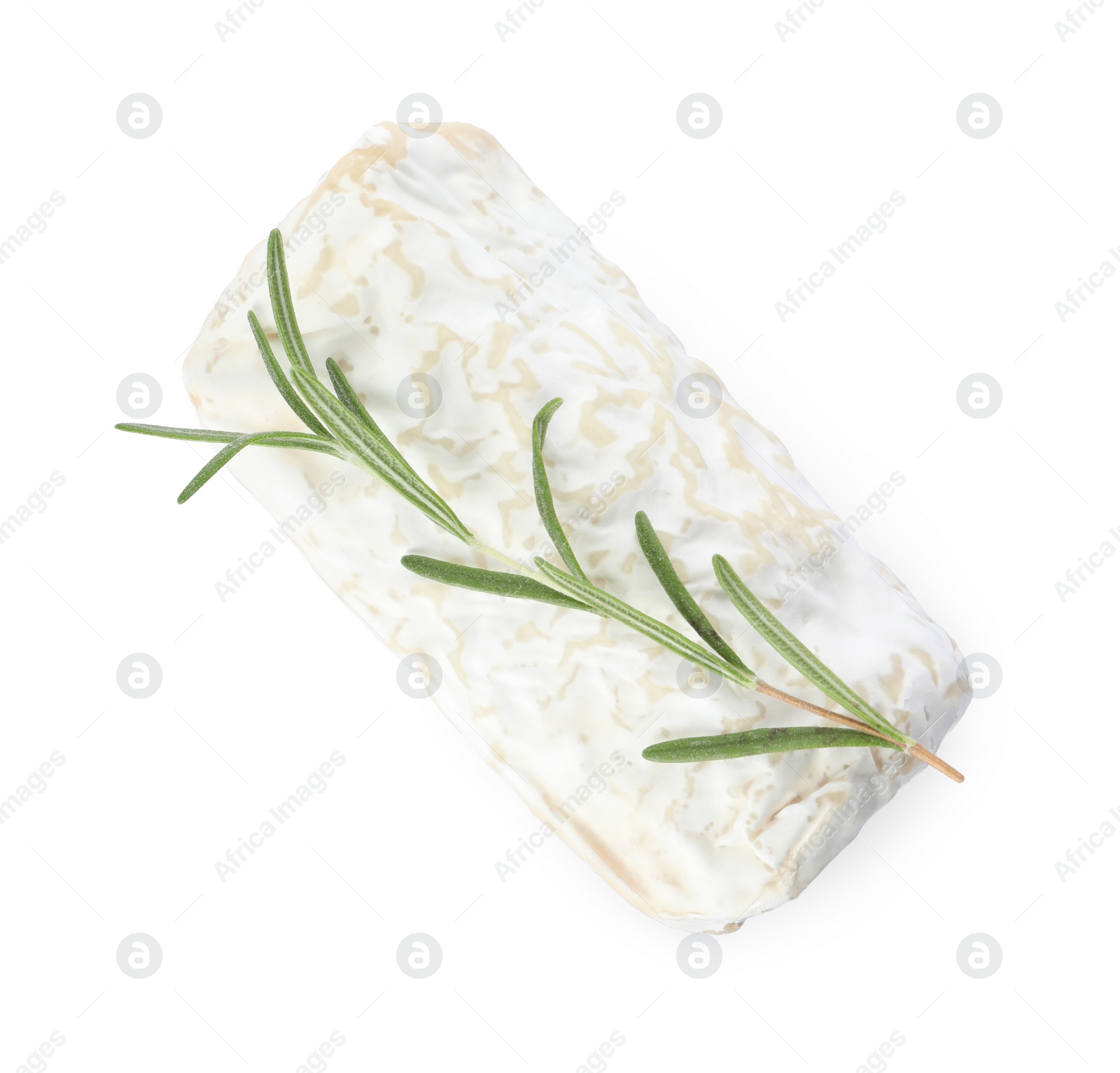 Photo of Delicious fresh goat cheese with rosemary on white, top view