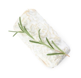 Photo of Delicious fresh goat cheese with rosemary on white, top view