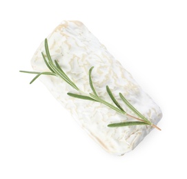 Delicious fresh goat cheese with rosemary on white, top view