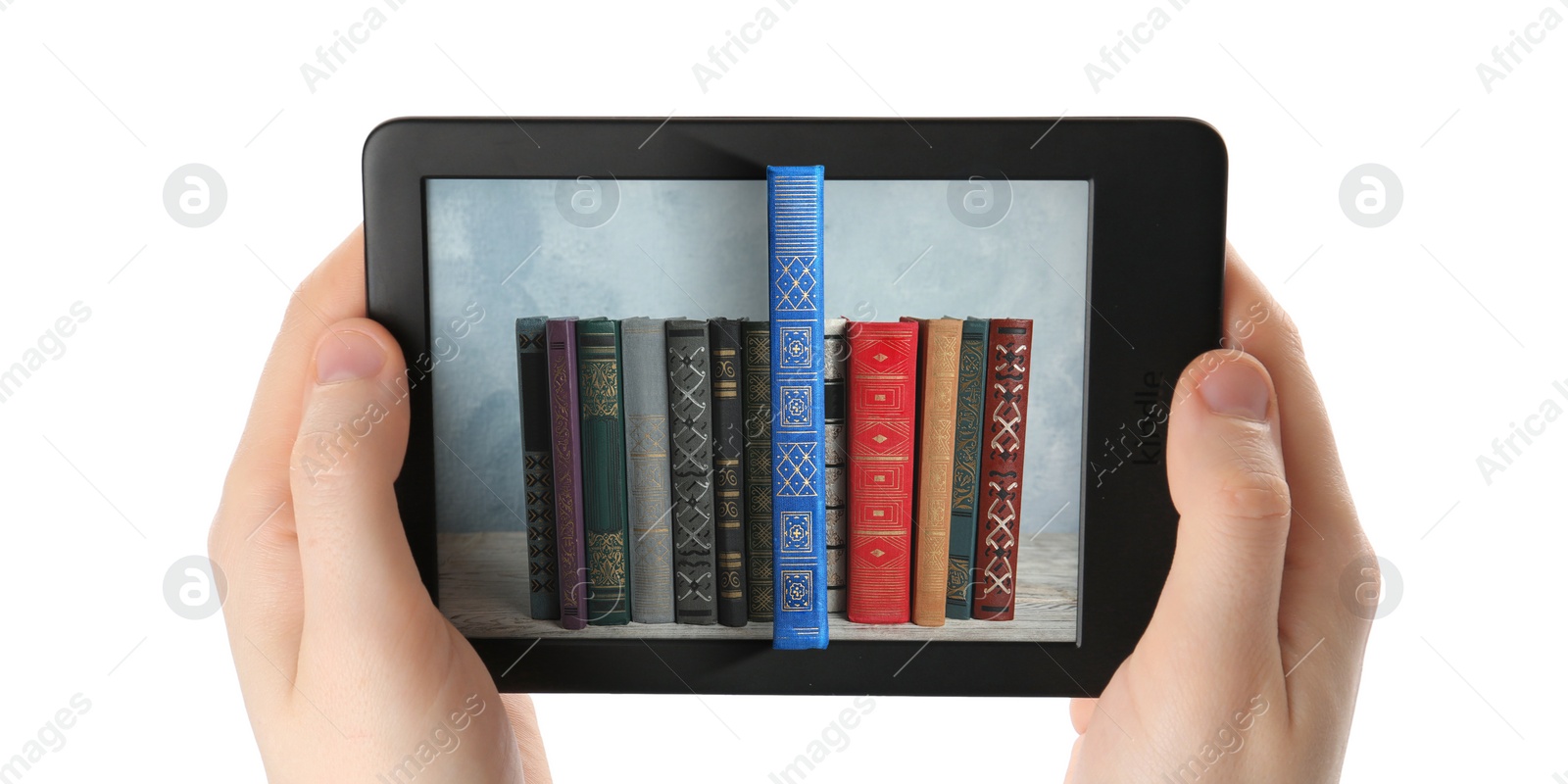 Image of Woman using e-book reader on white background, closeup