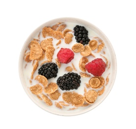 Photo of Bowl with wheat flakes, milk and berries on white background. Healthy grains and cereals