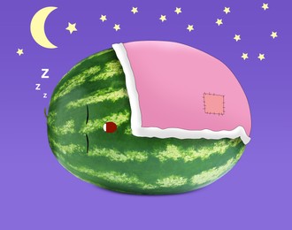 Image of Creative artwork. Cute watermelon sleeping, covered with blanket at starry night. Whole fruit with drawings on purple background