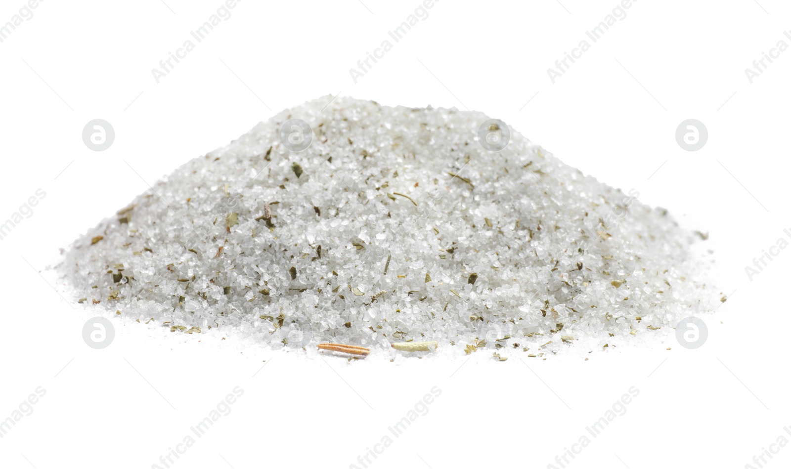 Photo of Heap of natural herb salt on white background